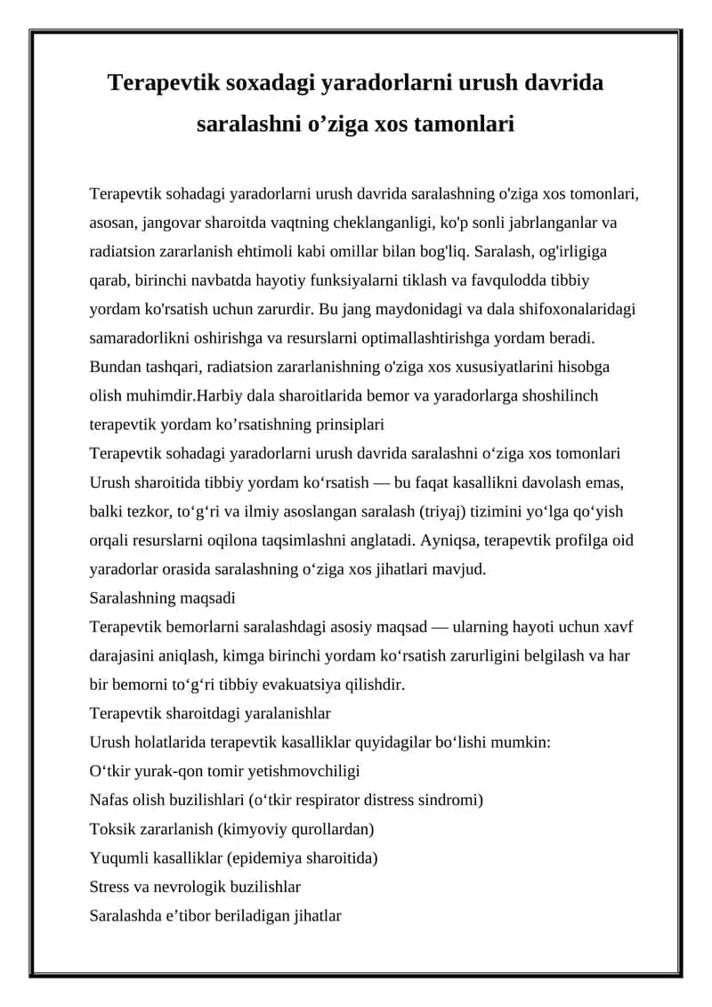 Terapevtik sohadagi yaradorlarni urush davrida saralashni o‘ziga xos tomonlari 1
