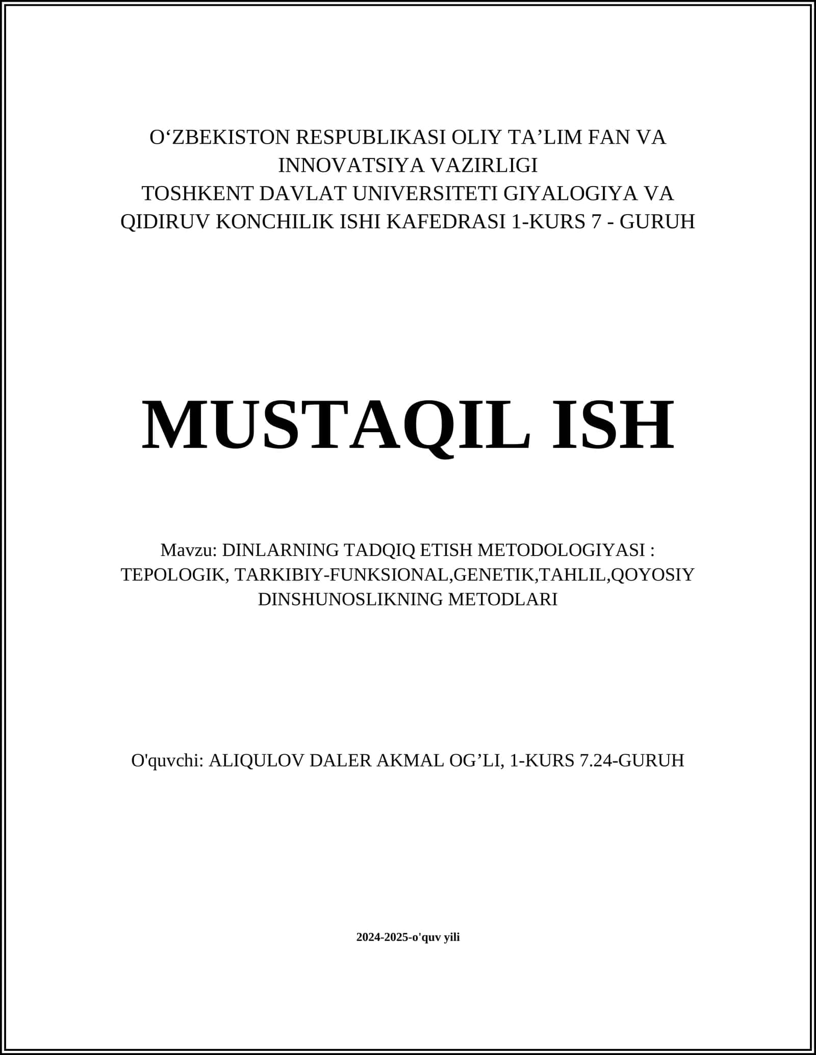 DINLARNING TADQIQ ETISH METODOLOGIYASI: TEPOLOGIK, TARKIBIY-FUNKSIONAL, GENETIK, TAHLIL, QOYOSIY DINSHUNOSLIKNING METODLARI 1