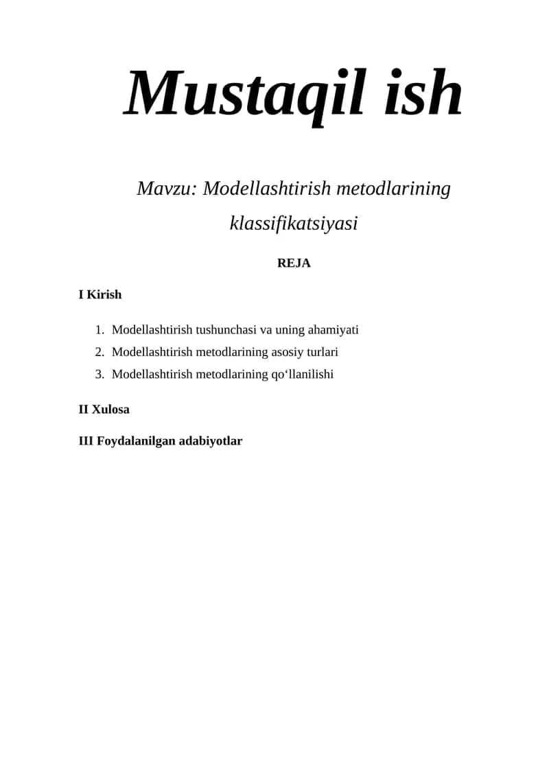 Modellashtirish metodlarining klassifikatsiyasi 1
