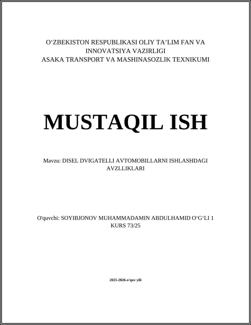 DISEL DVIGATELLI AVTOMOBILLARNI ISHLASHDAGI AVZLLIKLARI 1