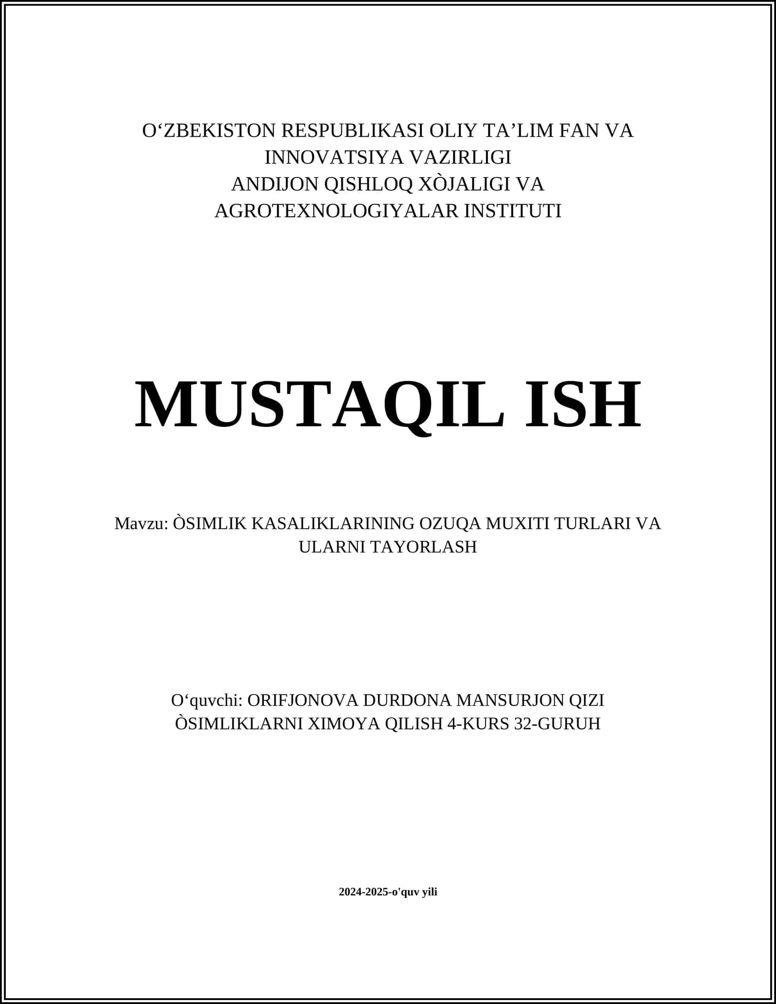 ÒSIMLIK KASALIKLARINING OZUQA MUXITI TURLARI VA ULARNI TAYORLASH 1