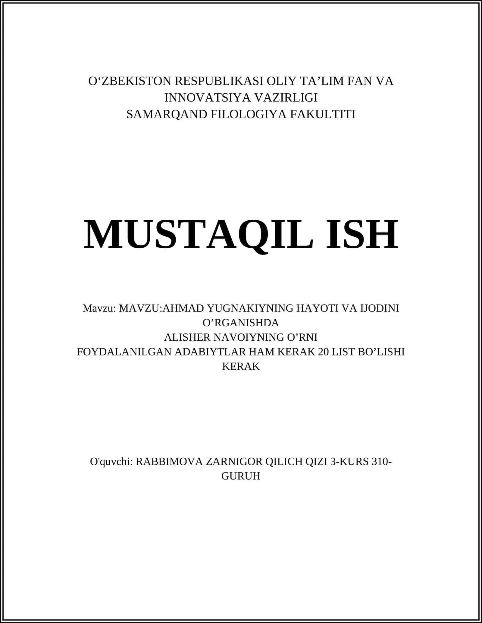AHMAD YUGNAKIYNING HAYOTI VA IJODINI O’RGANISHDA ALISHER NAVOIYNING O’RNI 1