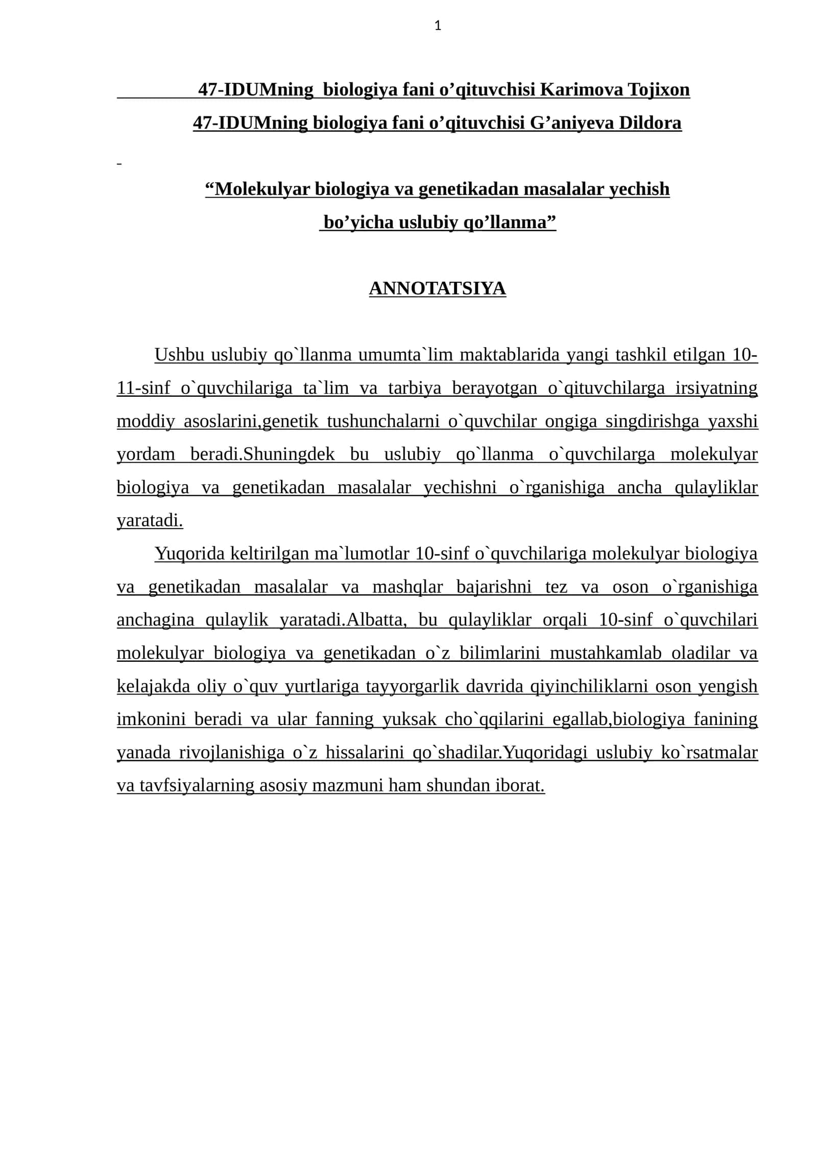 "Molekulyar biologiya va genetikadan masalalar yechish bo’yicha uslubiy qo’llanma" 1