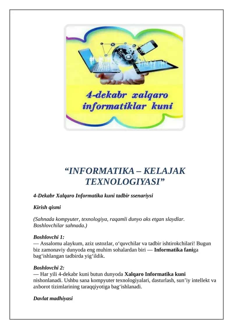 Xalqaro Informatika kuni tadbir ssenariysi 1