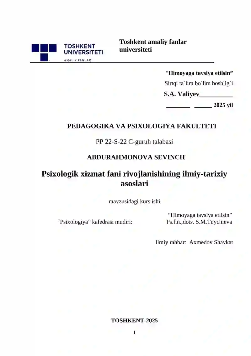 Psixologik xizmat fani rivojlanishining ilmiy-tarixiy asoslari