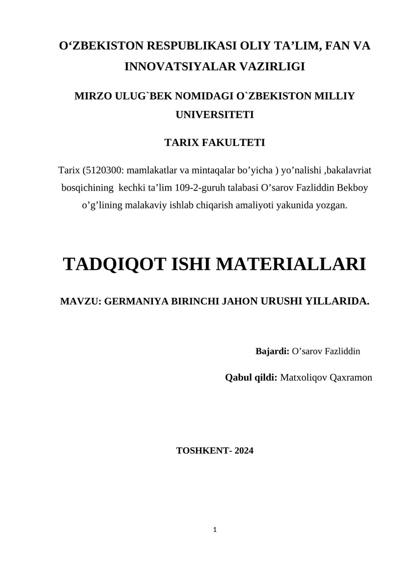 GERMANIYA BIRINCHI JAHON URUSHI YILLARIDA 1