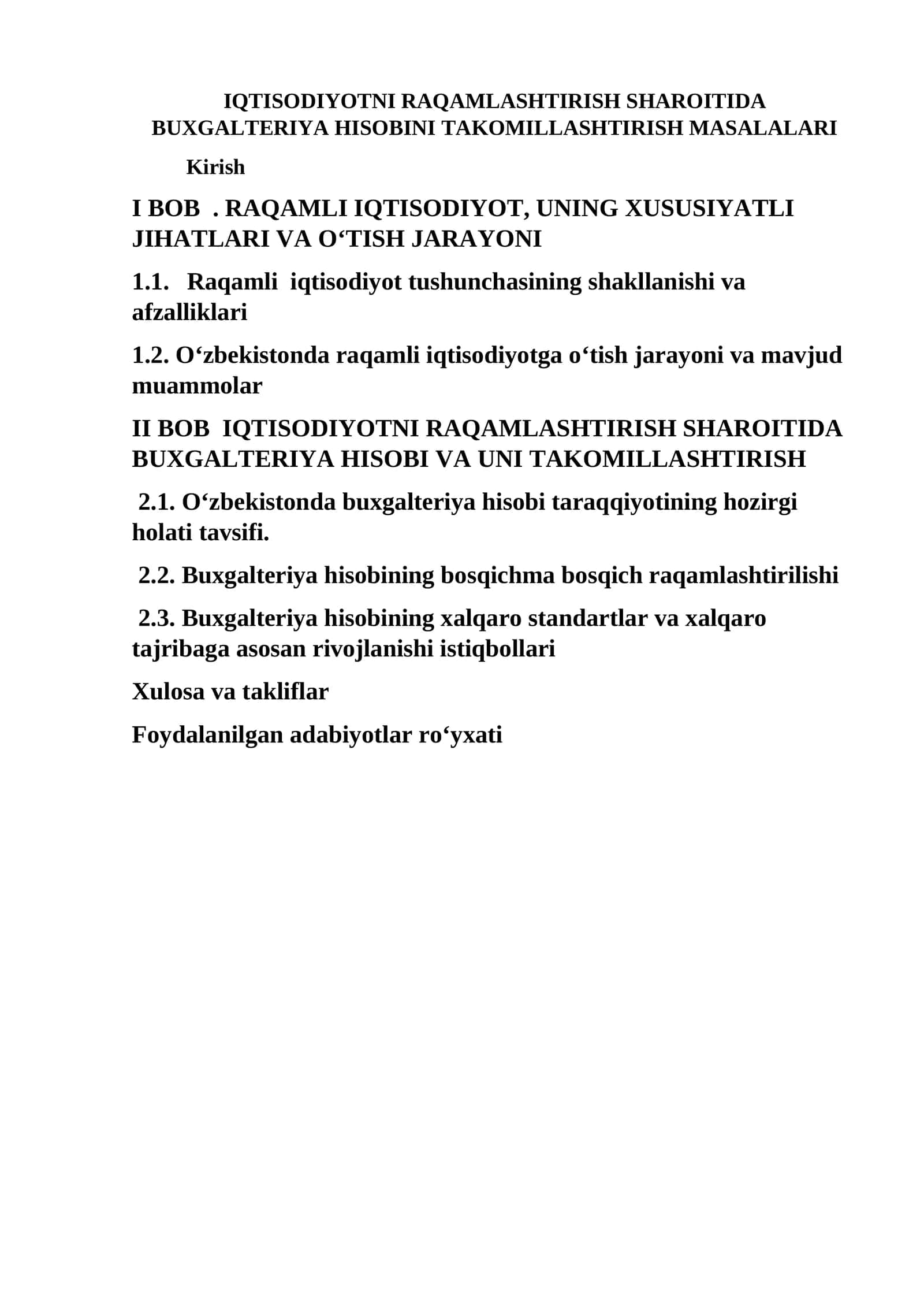 RAQAMLI IQTISODIYOTNI RAQAMLASHTIRISH SHAROITIDA BUXGALTERIYA HISOBINI TAKOMILLASHTIRISH MASALALARI 1