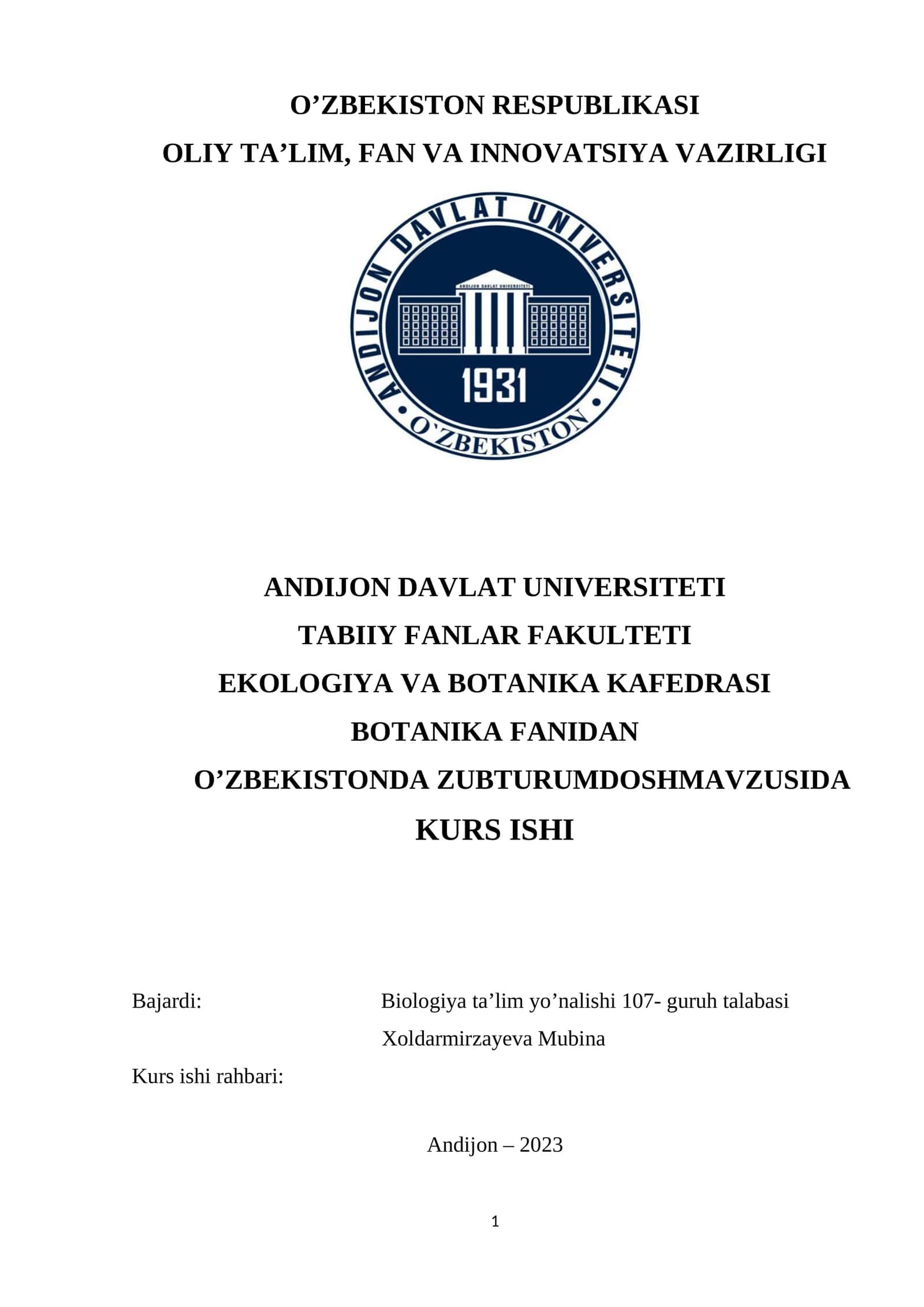 BOTANIKA FANIDAN O’ZBEKISTONDA ZUBTURUMDOSHMAVZUSIDA KURS ISHI 1