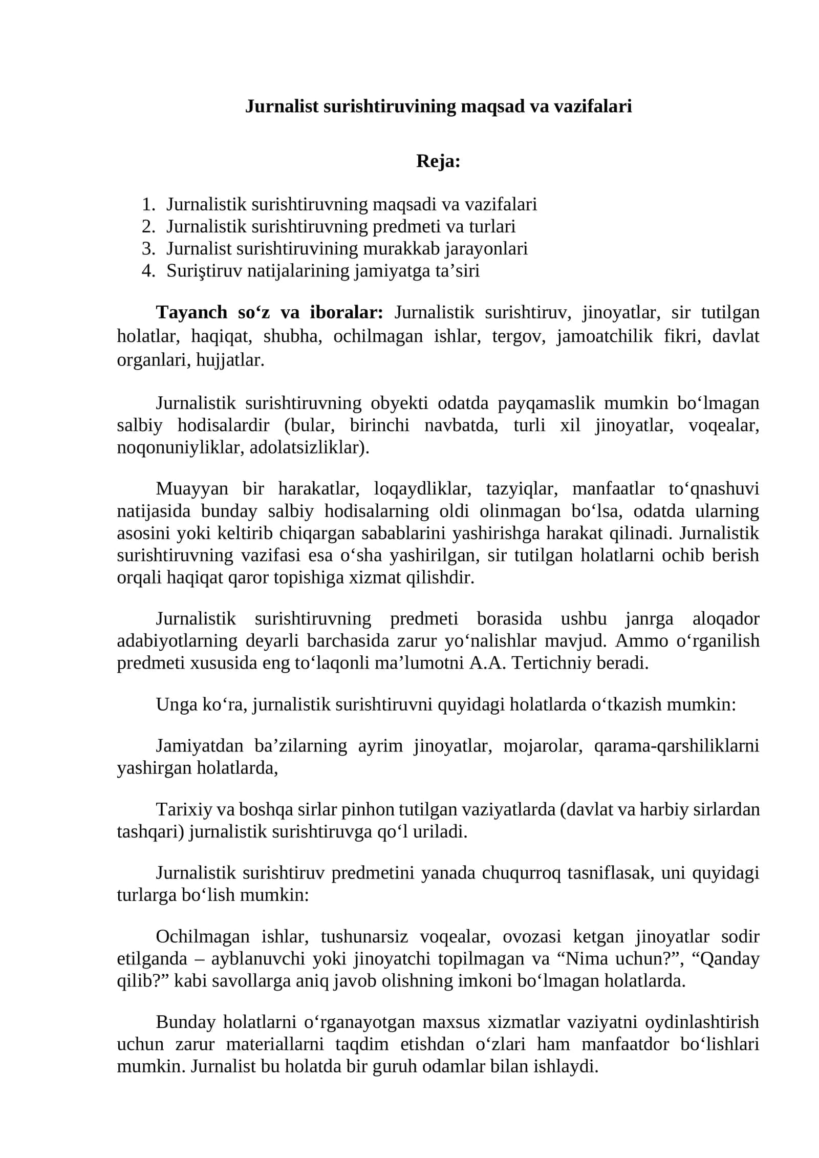 Jurnalistik surishtiruvning maqsad va vazifalari 1