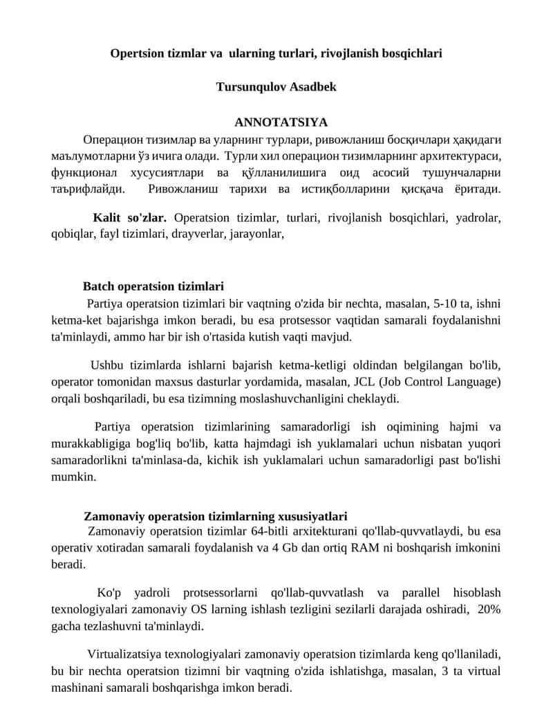 Turli xil Operatsion tizimlar va ularning rivojlanish bosqichlari 1