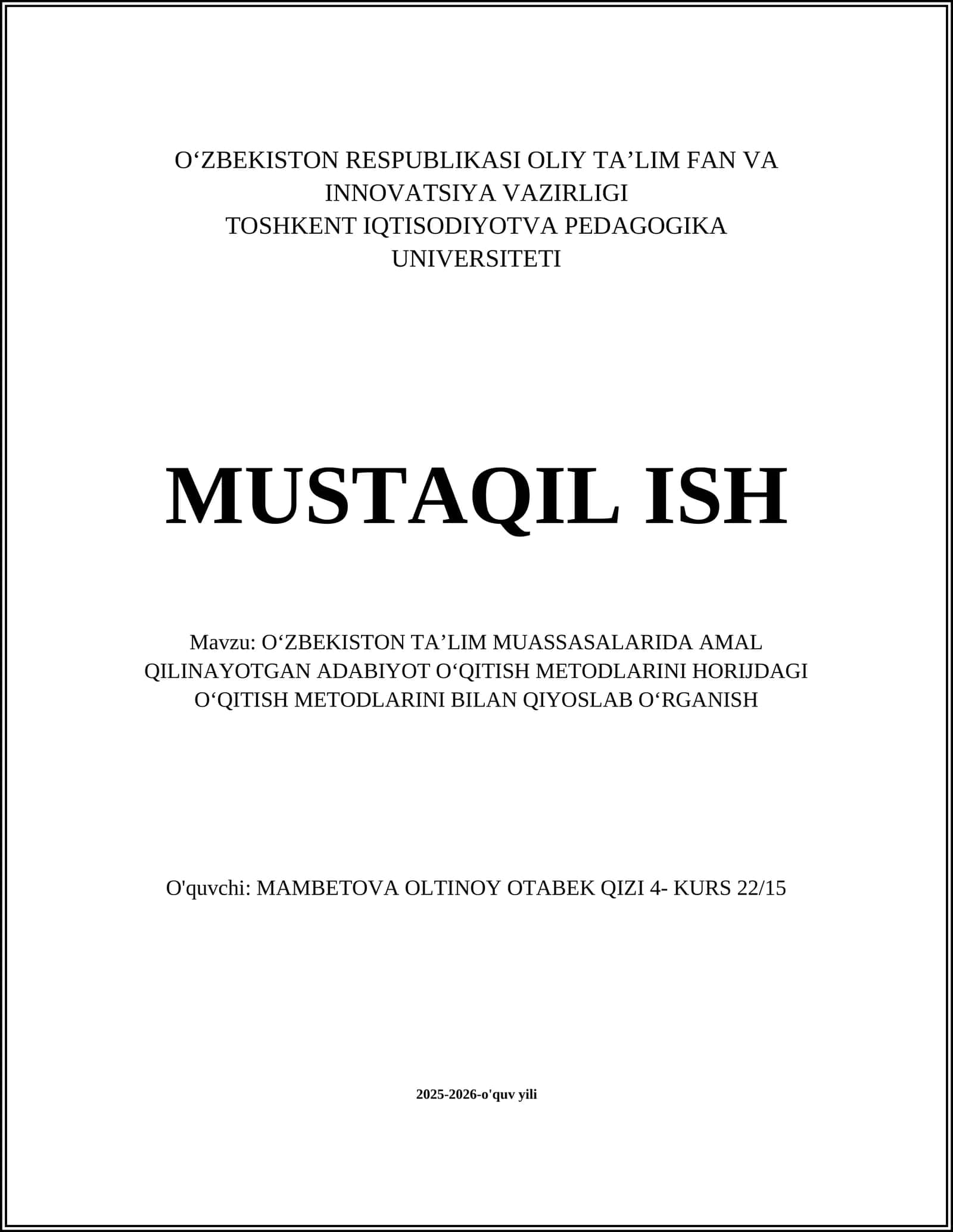 Oʻzbekistonda adabiyot darslarida anʼanaviy metodlar va ularni chet el metodlari bilan taqqoslash 1