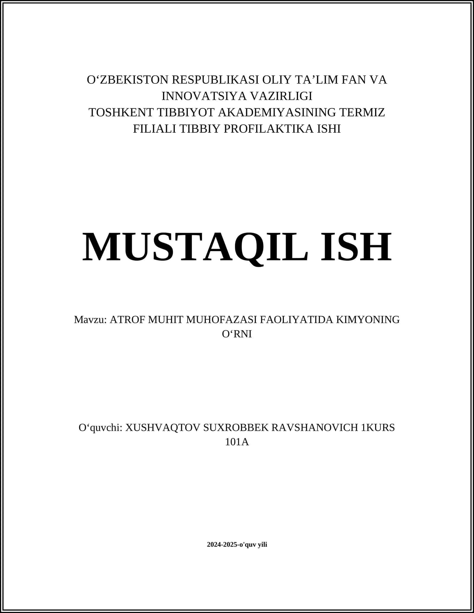 ATROF MUHIT MUHOFAZASI FAOLIYATIDA KIMYONING OʻRNI 1