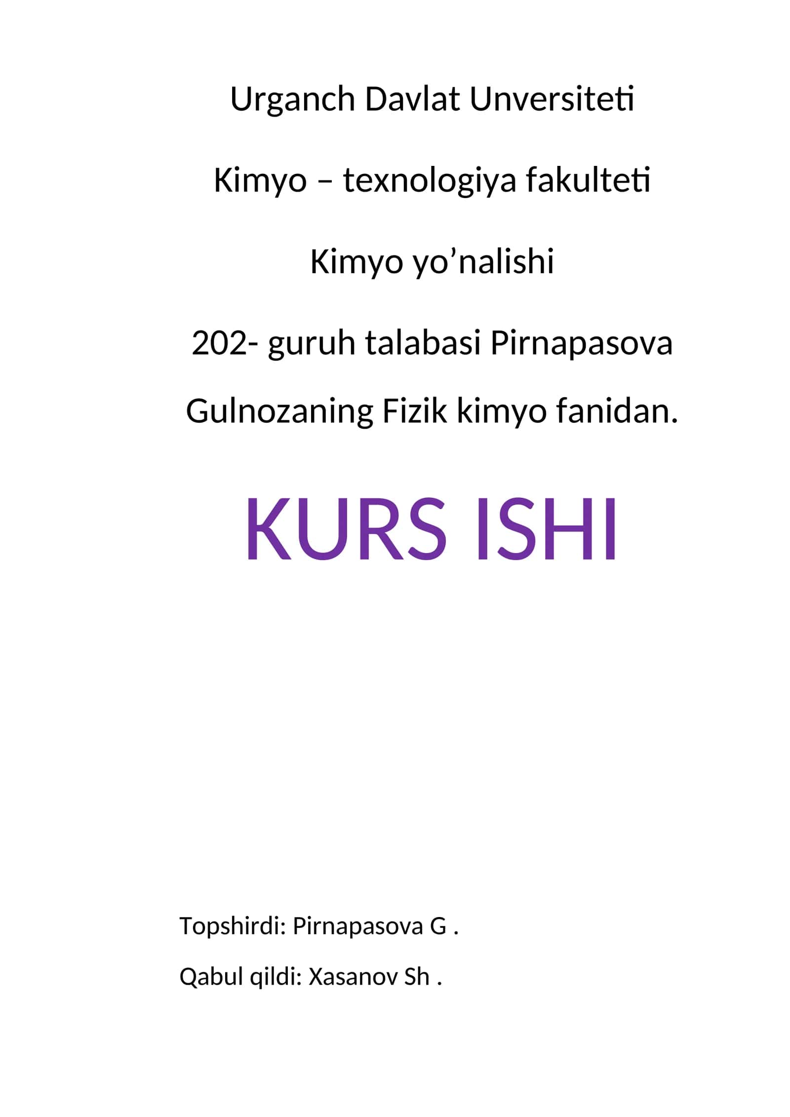 Kimyo – texnologiya fakulteti KIMYO YO’NALISHI 1