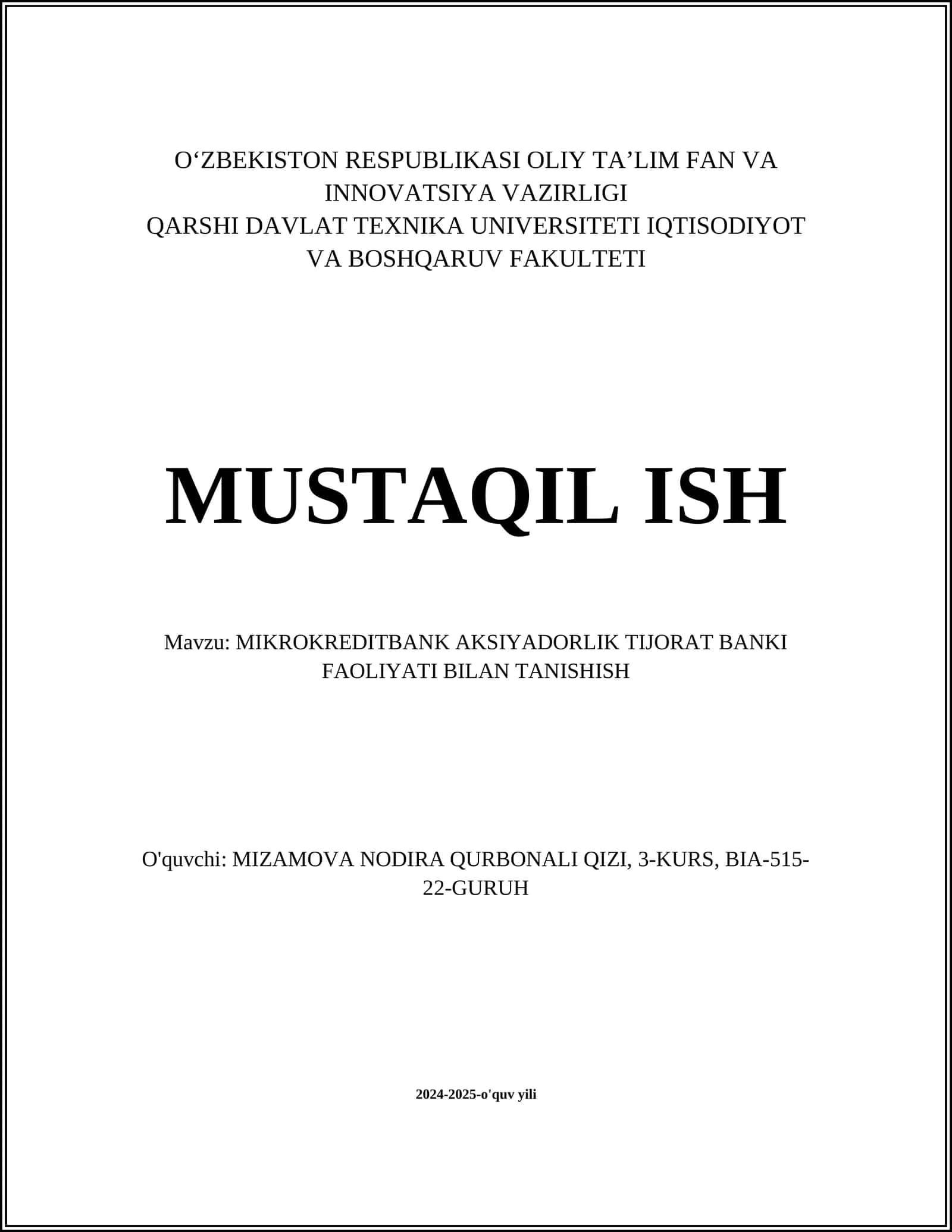 MIKROKREDITBANK AKSIYADORLIK TIJORAT BANKI FAOLIYATI BILAN TANISHISH 1