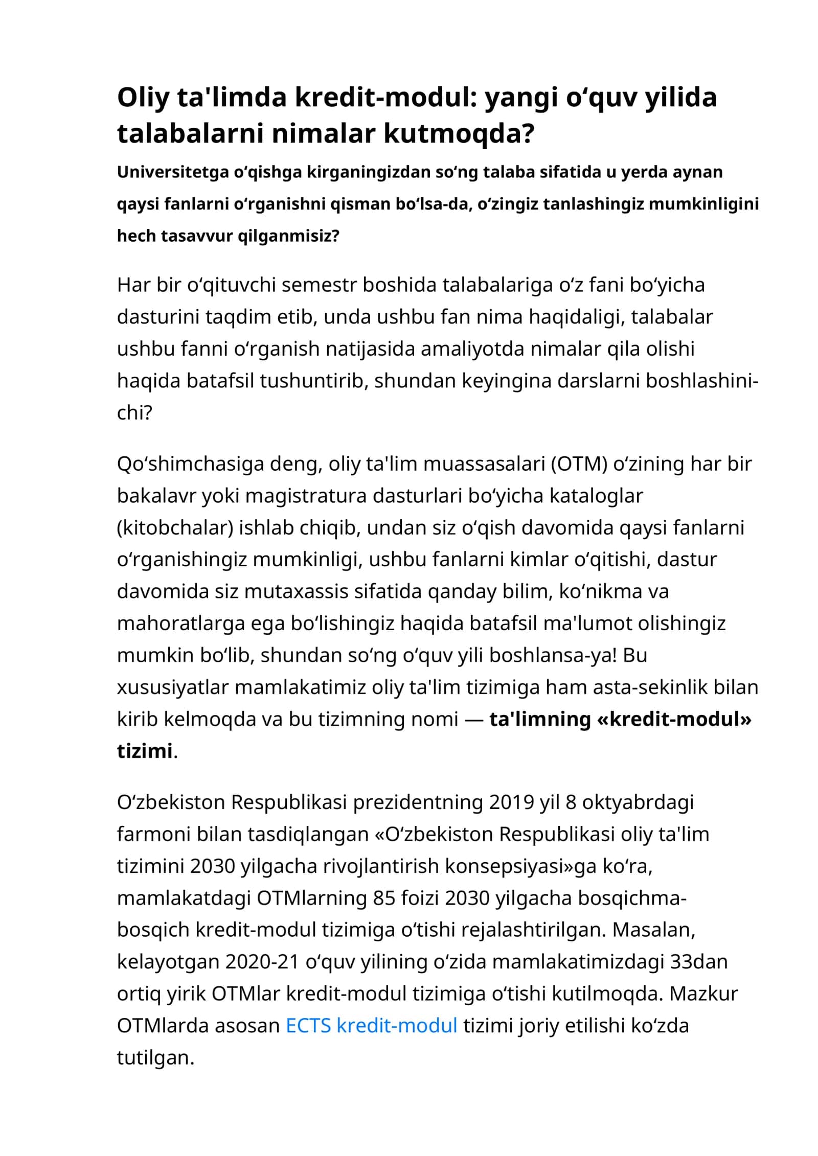 Oliy ta'limda kredit-modul: yangi o‘quv yilida talabalarni nimalar kutmoqda? 1