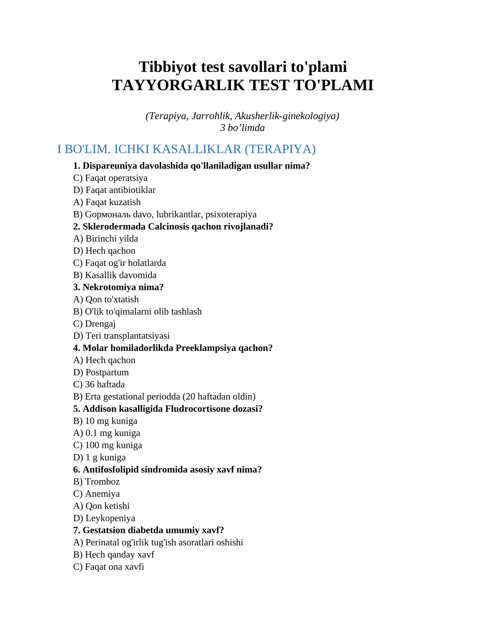 Tibbiyot test savollari to'plami 1