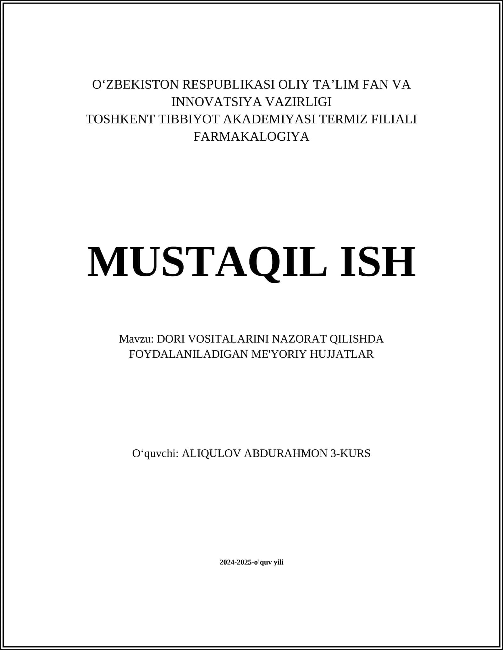 Dori Vositalarini Nazorat Qilishda Foydalaniladigan Me'yoriy Hujjatlar 1