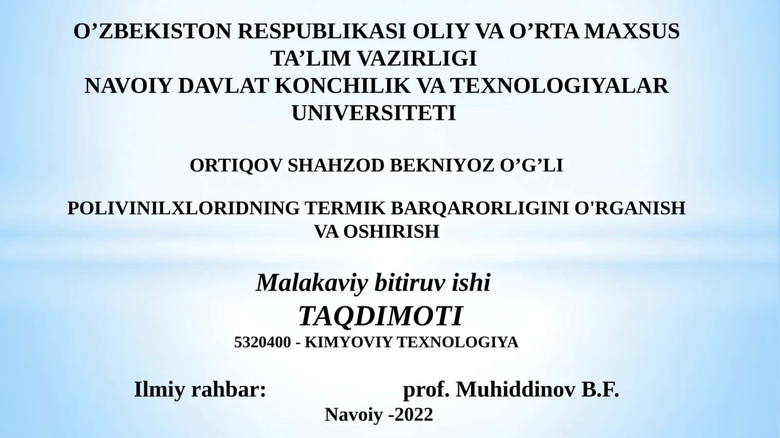 Polivinilxloridning termik barqarorligini o'rganish va oshirish 1