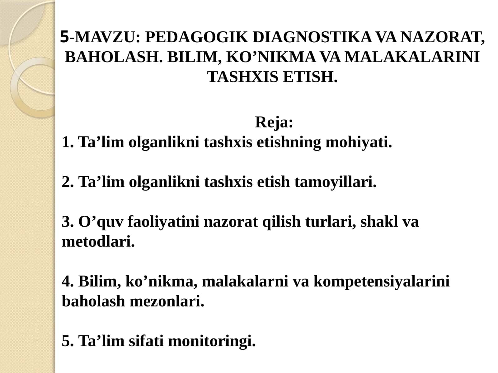 PEDAGOGIK DIAGNOSTIKA VA NAZORAT, BAHOLASH. BILIM, KO’NIKMA VA MALAKALARINI TASHXIS ETISH 1