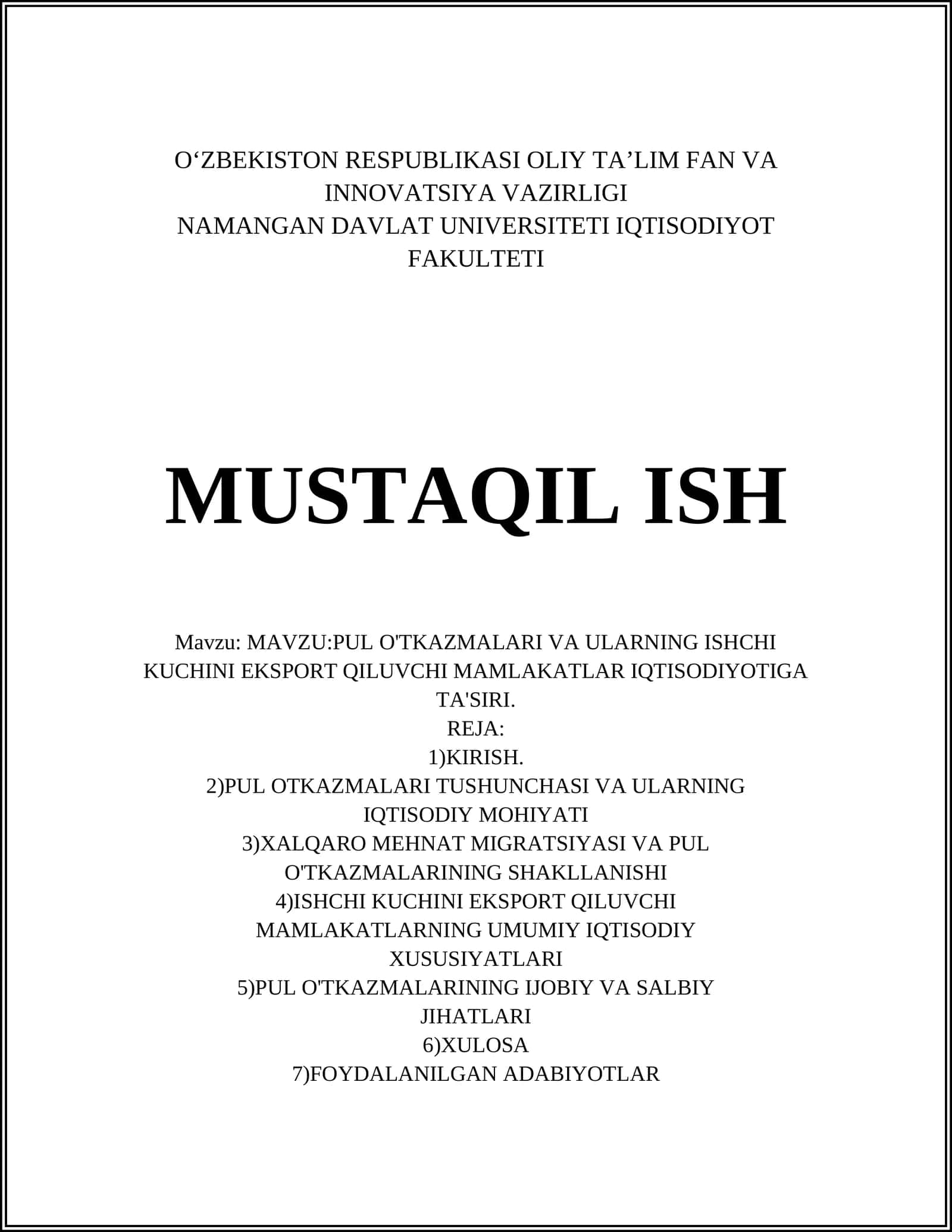 PUL O'TKAZMALARI VA ULARNING ISHCHI KUCHINI EKSPORT QILUVCHI MAMLAKATLAR IQTISODIYOTIGA TA'SIRI 1