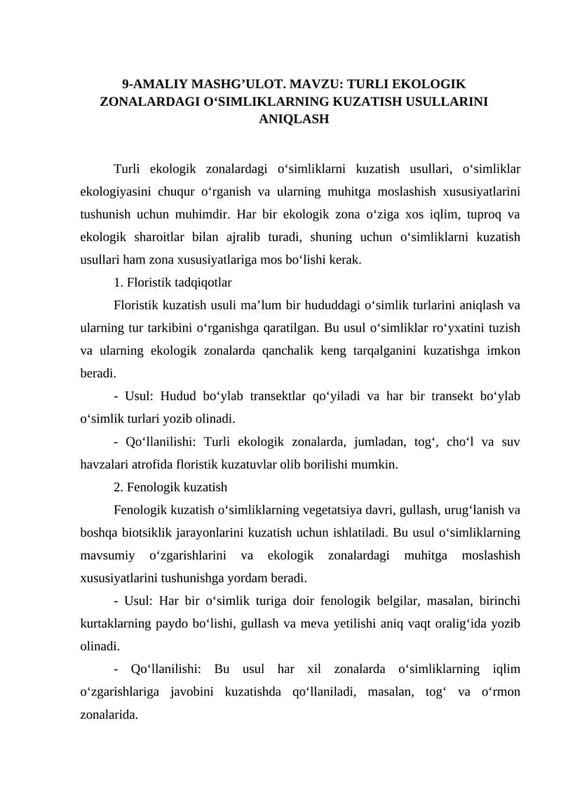 MAVZU: TURLI EKOLOGIK ZONALARDAGI O‘SIMLIKLARNING KUZATISH USULLARINI ANIQLASH 1