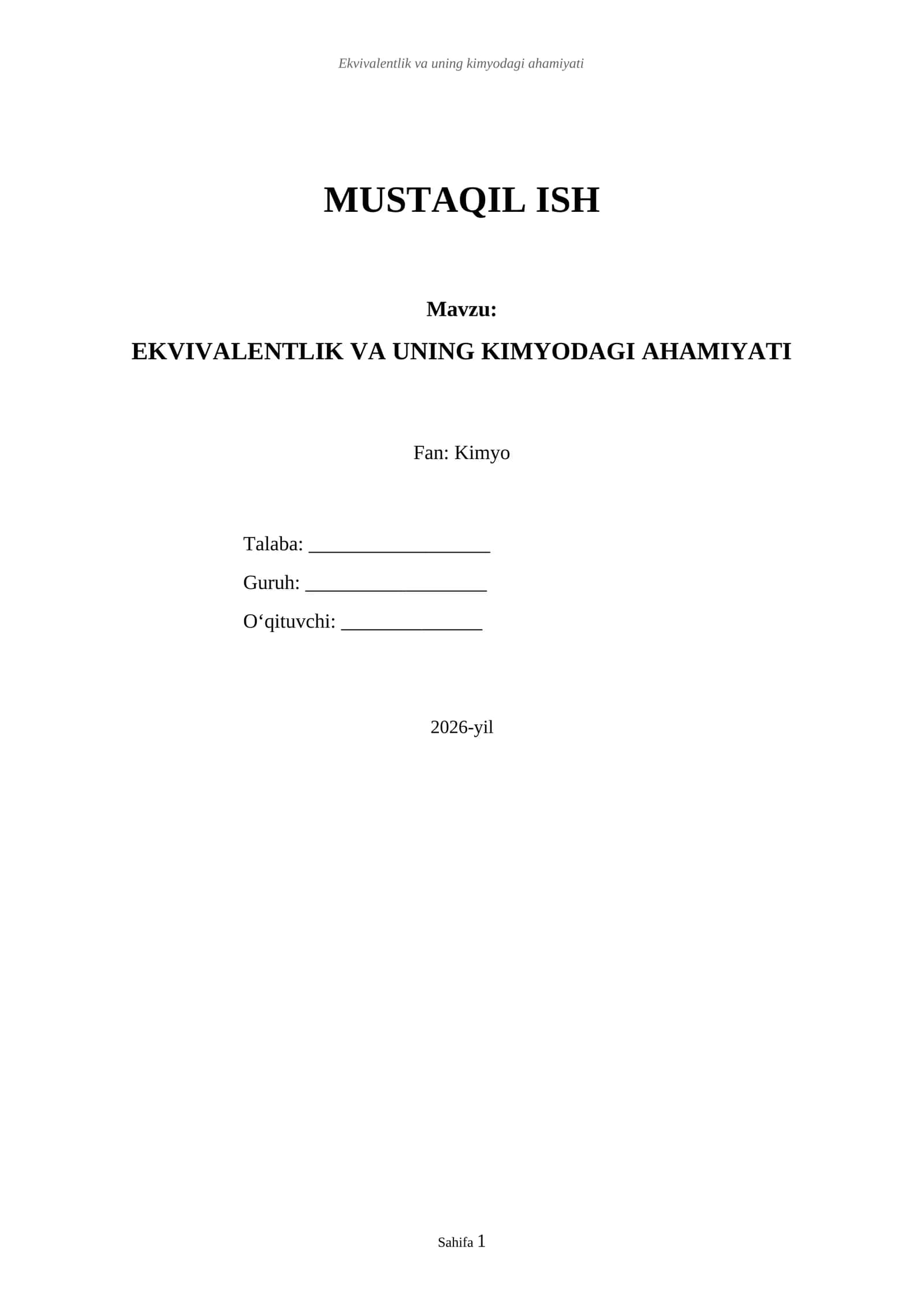 Ekvivalentlik va uning kimyodagi ahamiyati 1