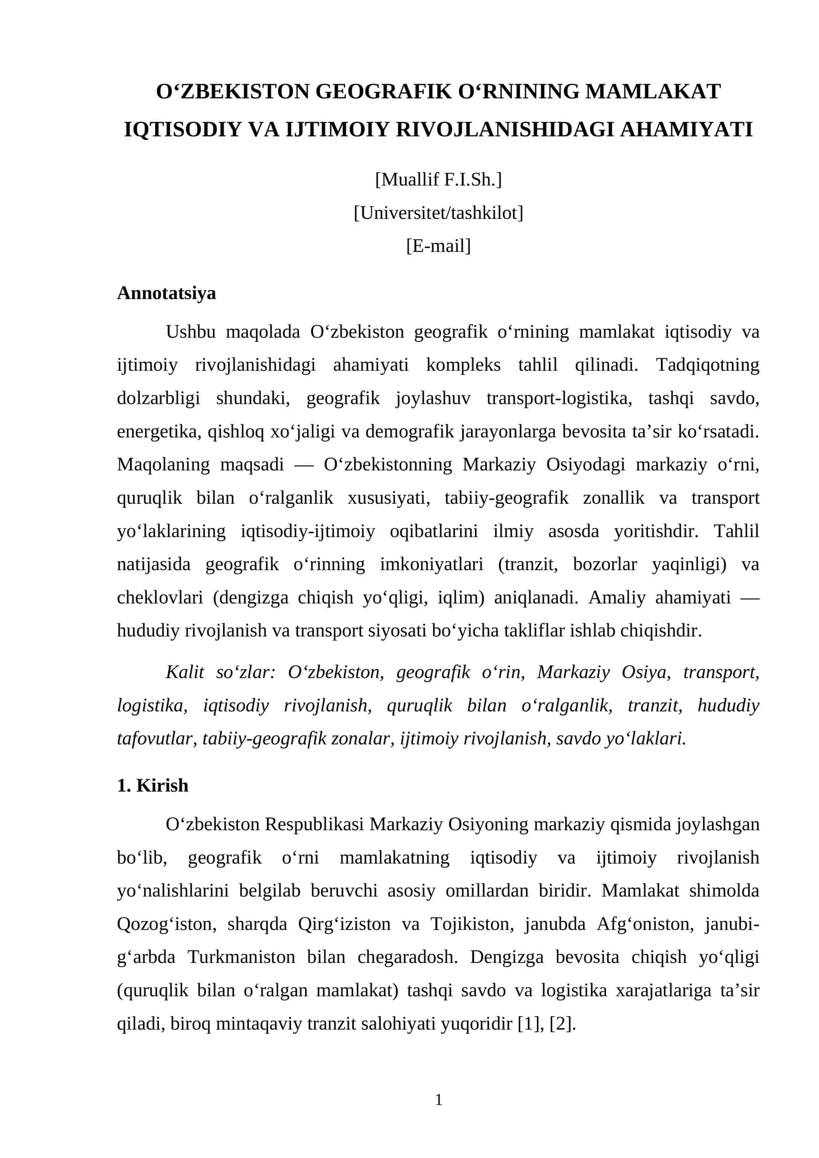 O‘ZBEKISTON GEOGRAFIK O‘RNINING MAMLAKAT IQTISODIY VA IJTIMOIY RIVOJLANISHIDAGI AHAMIYATI 1