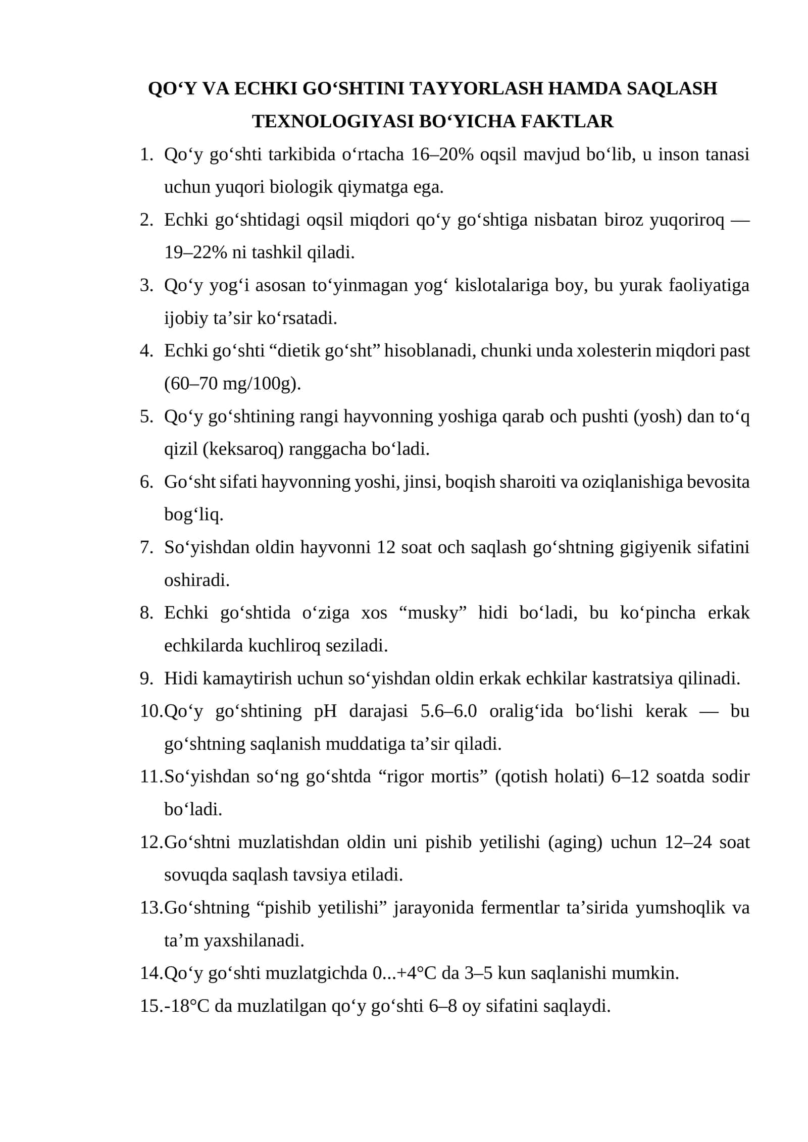 QO‘Y VA ECHKI GO‘SHTINI TAYYORLASH HAMDA SAQLASH TEXNOLOGIYASI BO‘YICHA FAKTLAR 1
