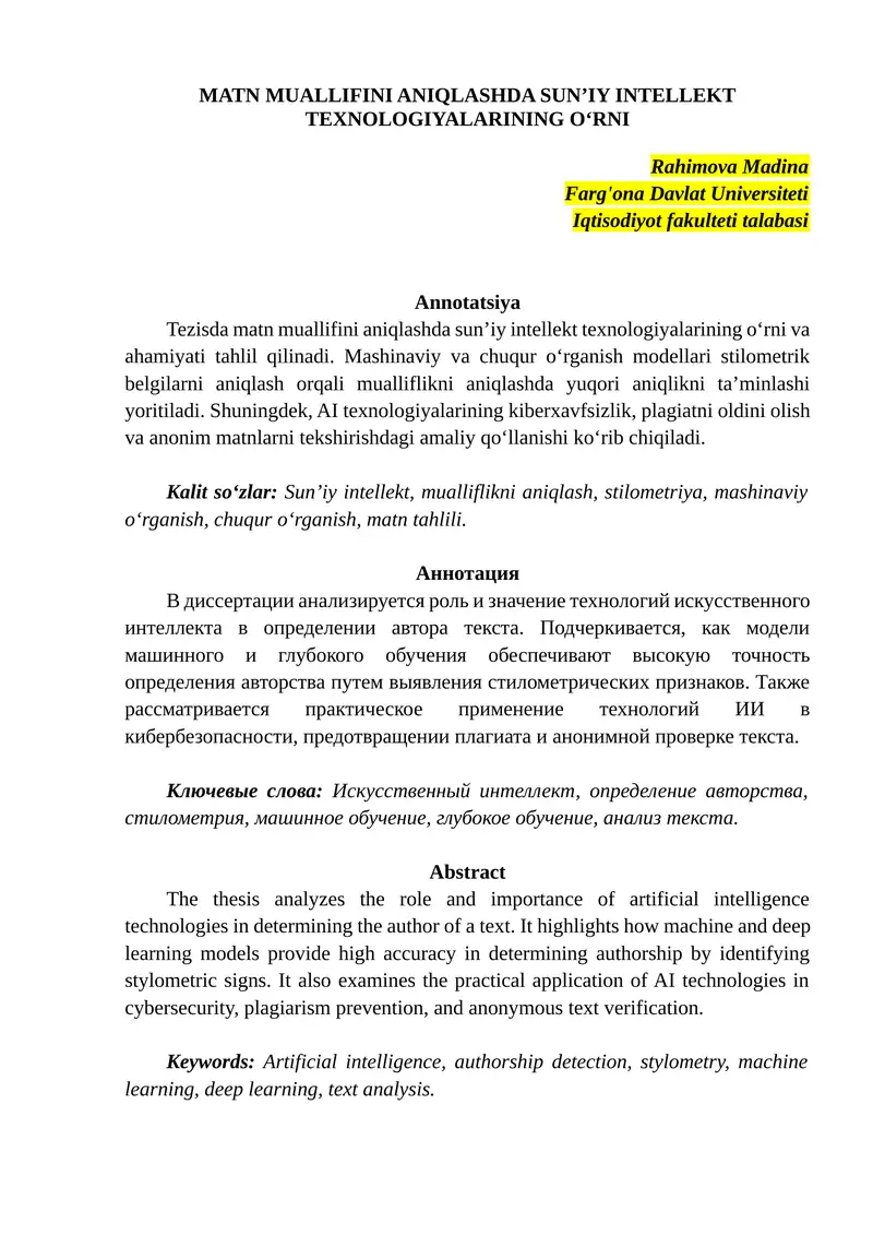 Matn Muallifini Aniqlashda Sun’iy Intellekt Texnologiyalarining O‘rni 1