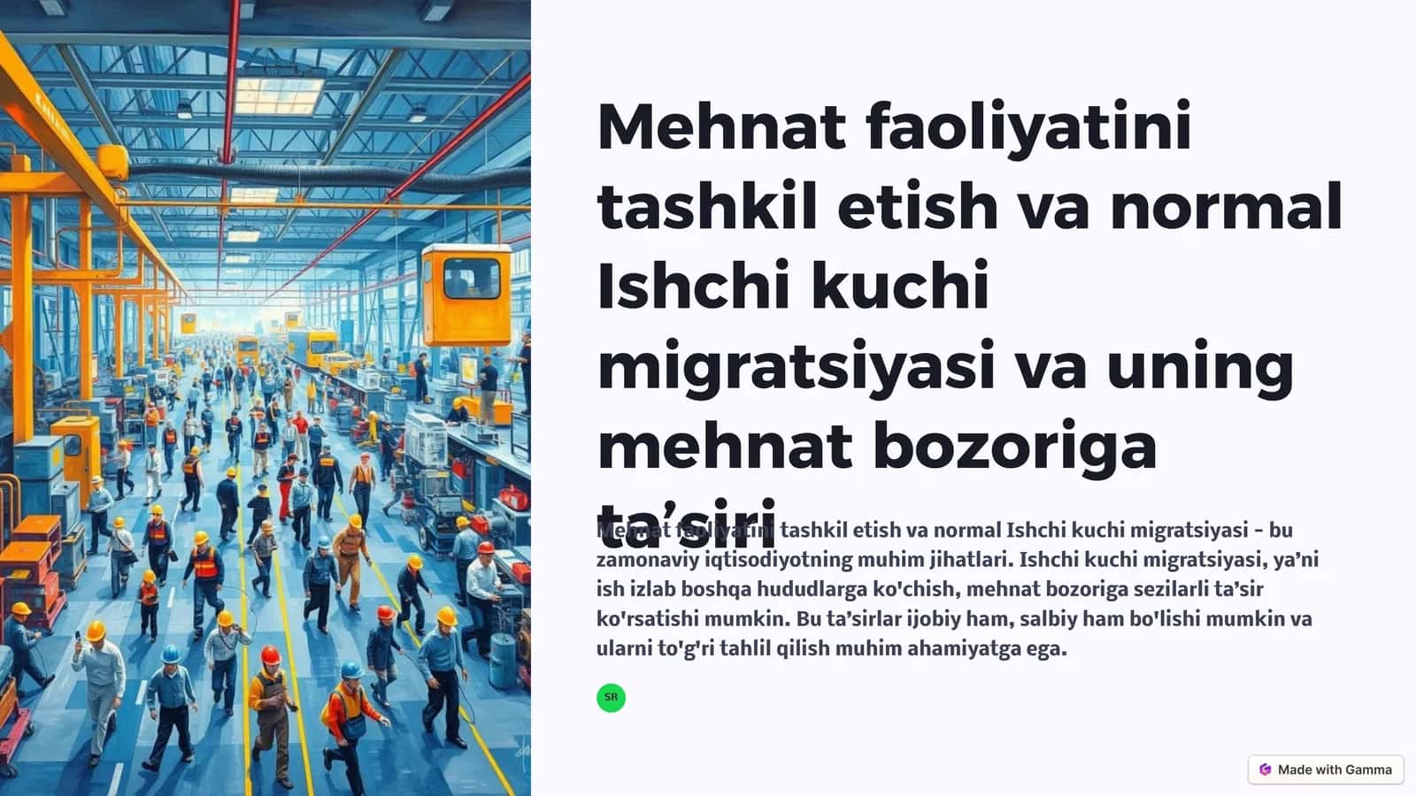 Mehnat faoliyatini tashkil etish va normal Ishchi kuchi migratsiyasi va uning mehnat bozoriga ta’siri 1