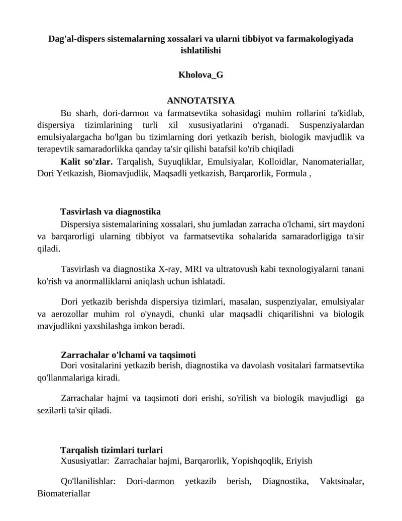 Dag'al-dispers sistemalarning xossalari va ularni tibbiyot va farmakologiyada ishlatilishi 1