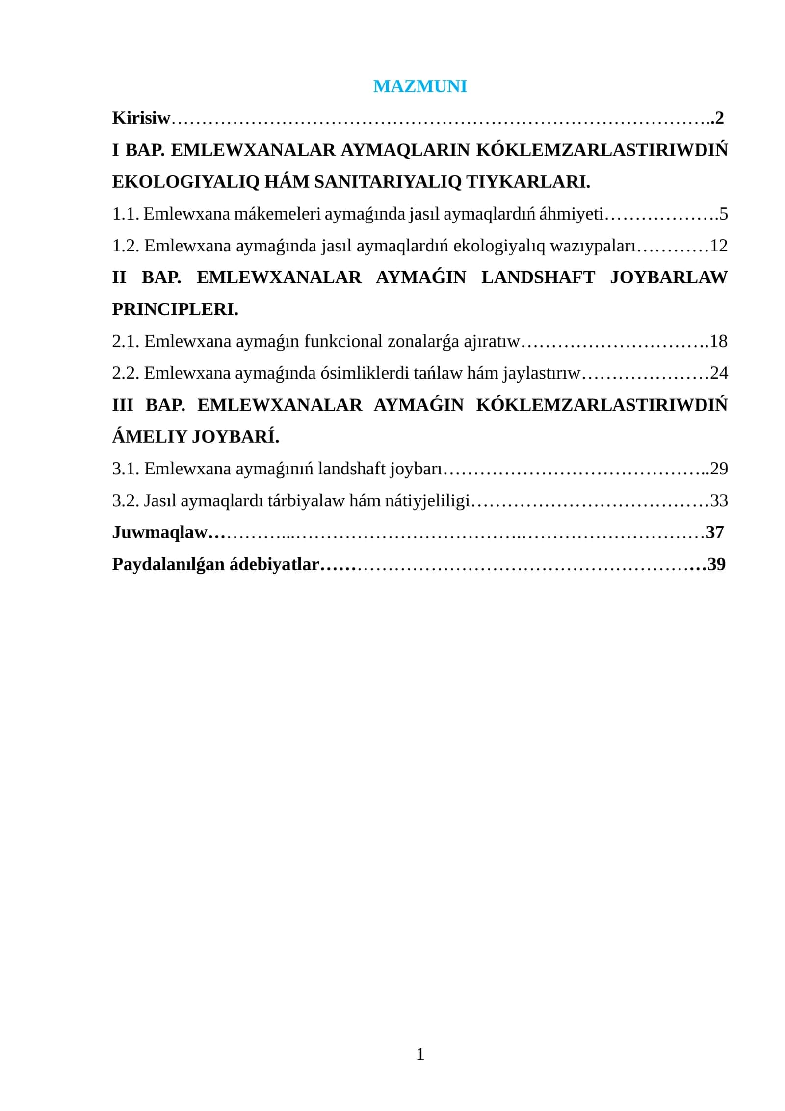 EMLEWXANALAR AYMAQLARIN KÓKLEMZARLASTIRIWDIŃ EKOLOGIYALIQ HÁM SANITARIYALIQ TIYKARLARI 1