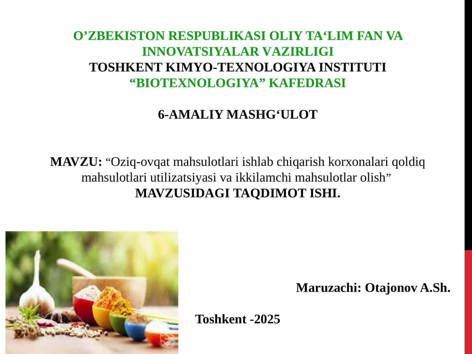 Oziq-ovqat mahsulotlari ishlab chiqarish korxonalari qoldiq mahsulotlari utilizatsiyasi va ikkilamchi mahsulotlar olish 1