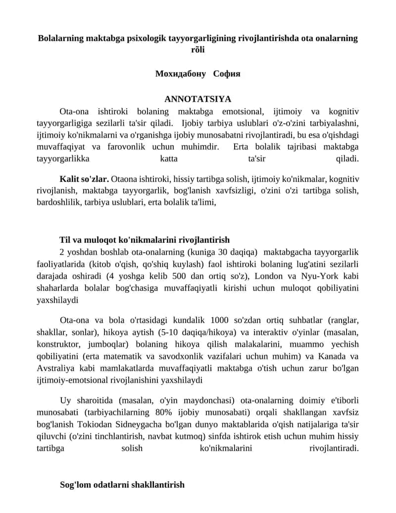 Bolalarning maktabga psixologik tayyorgarligining rivojlantirishda ota onalarning rõli 1