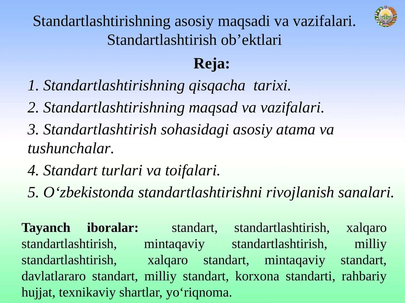 Standartlashtirishning asosiy maqsadi va vazifalari 1