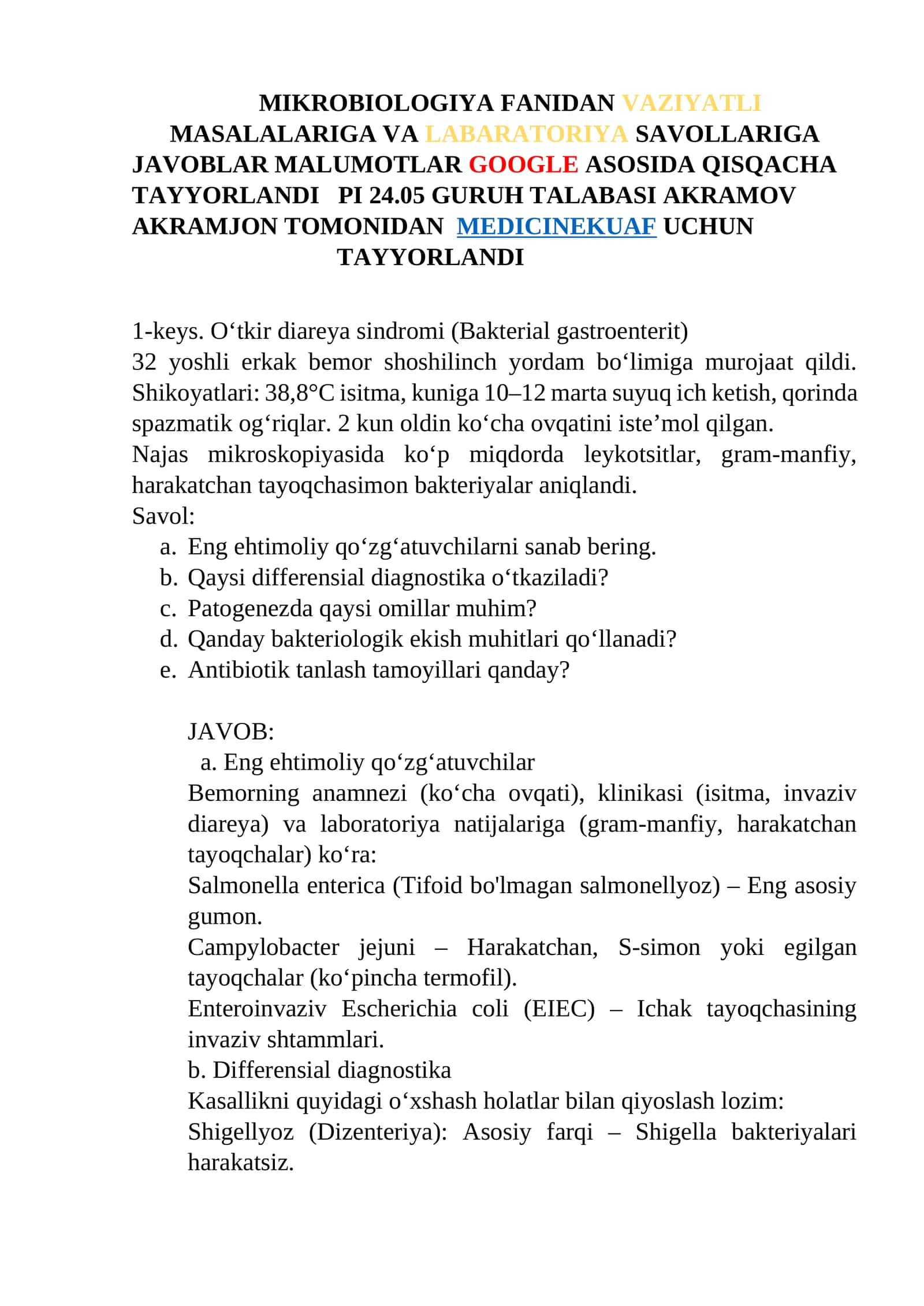 MIKROBIOLOGIYA FANIDAN VAZIYATLI MASALALARIGA VA LABARATORIYA SAVOLLARIGA JAVOBLAR MALUMOTLAR GOOGLE ASOSIDA QISQACHA 1