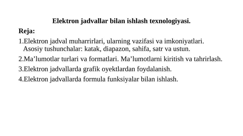 Elektron jadvallar bilan ishlash texnologiyasi 1