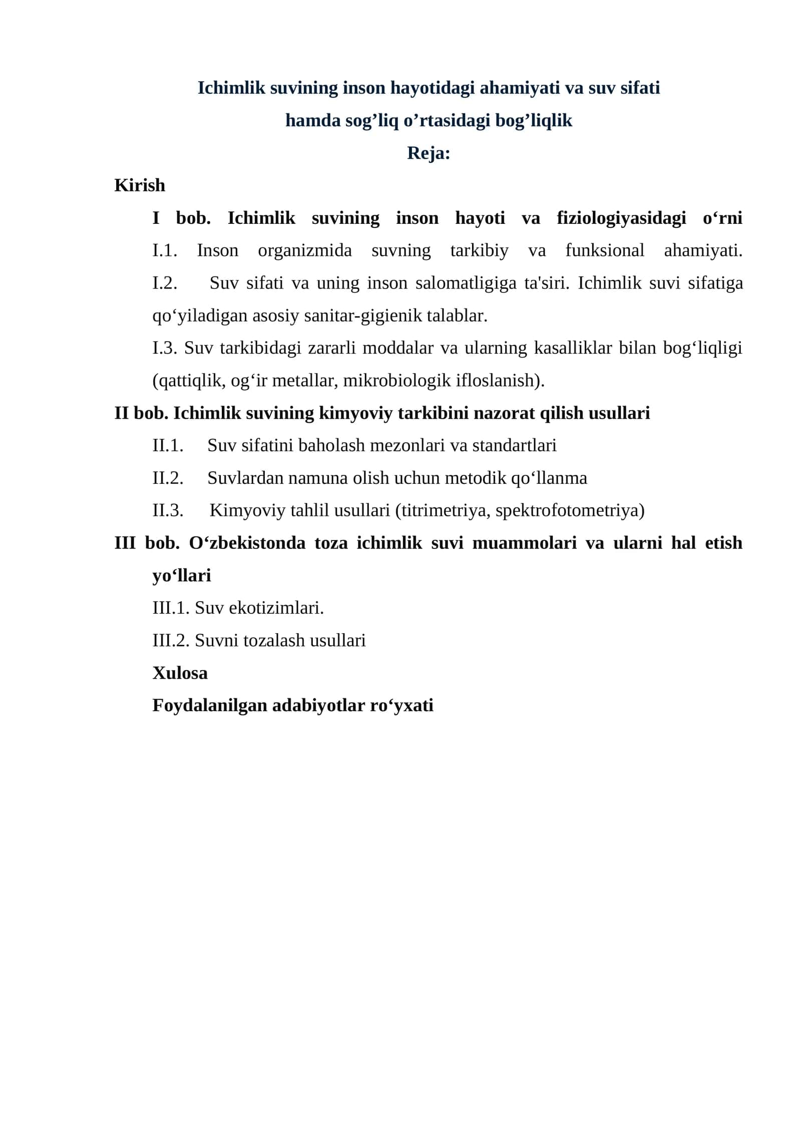 Ichimlik suvining inson hayotidagi ahamiyati va suv sifati  hamda sog’liq o’rtasidagi bog’liqlik 1