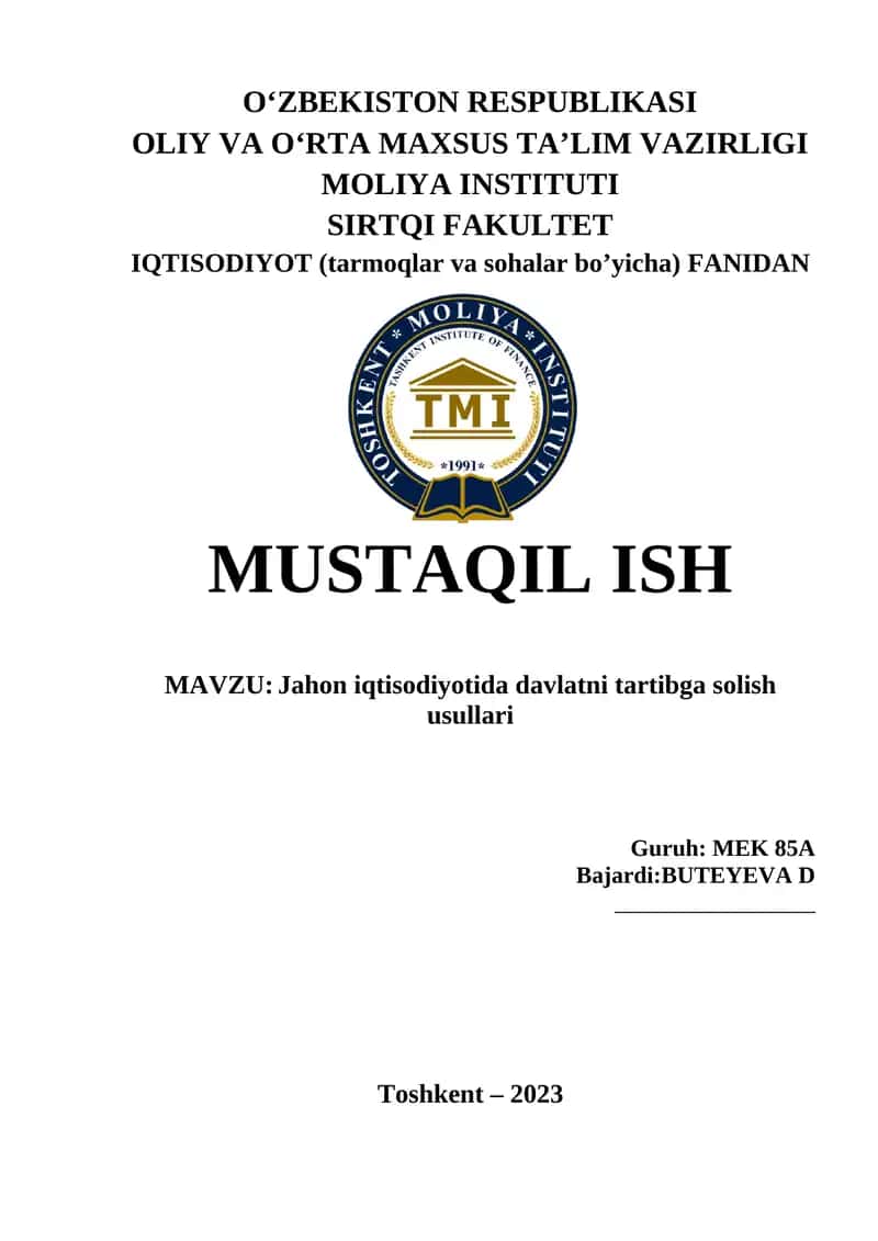 Jahon iqtisodiyotida davlatni tartibga solish usullari 1
