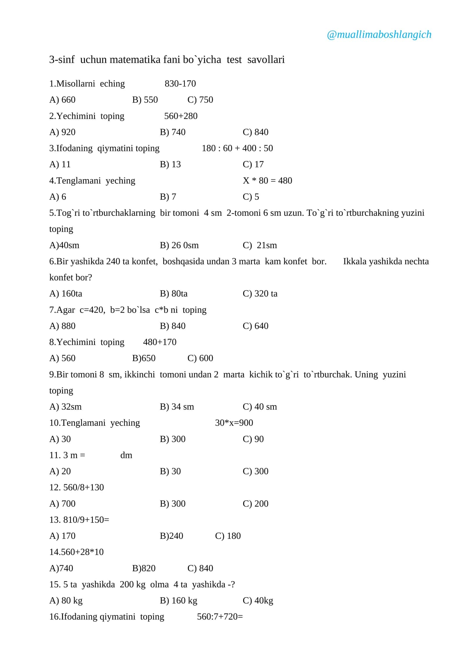 3-sinf uchun matematika fani bo`yicha test savollari 1