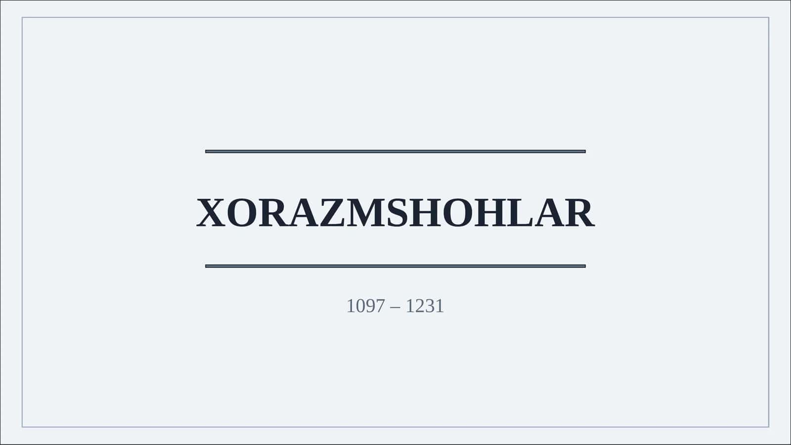 Xorazmshohlar davlatining shakllanishi va siyosiy yuksalishi, Sulolaning kelib chiqishi, kuchayishi va Alouddin Muhammad davridagi yuksalish, Ma’muriy tizim, iqtisodiy hayot, harbiy tuzilma va tashqi munosabatlar, Madaniy hayot, mo‘g‘ullar istilosi, Jaloliddin Manguberdi va tarixiy ahamiyat 1