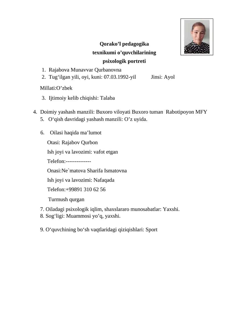 Qorako’l pedagogika texnikumi o’quvchilarining psixologik portreti 1