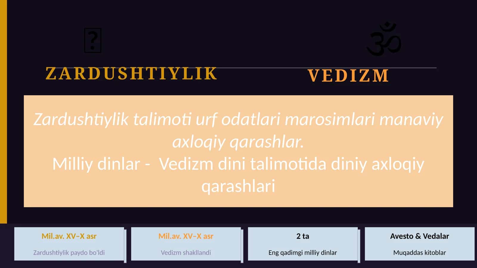 Zardushtiylik talimoti urf odatlari marosimlari manaviy axloqiy qarashlar. Milliy dinlar -  Vedizm dini talimotida diniy axloqiy qarashlari slayd 1