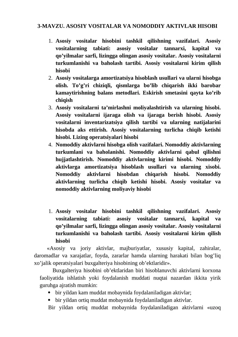 MAVZU. ASOSIY VOSITALAR VA NOMODDIY AKTIVLAR HISOBI 1