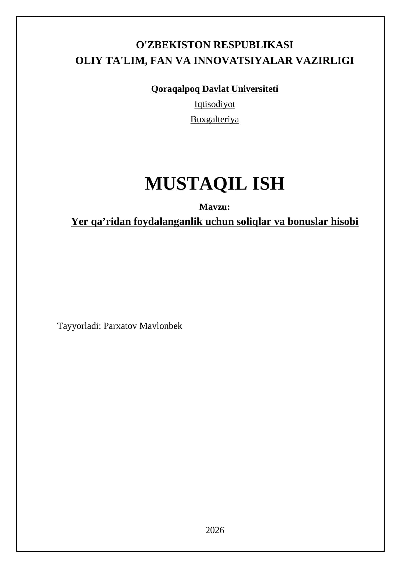 Yеr qа’ridаn fоydаlаngаnlik uchun sоliqlаr vа bоnuslаr hisоbi 1
