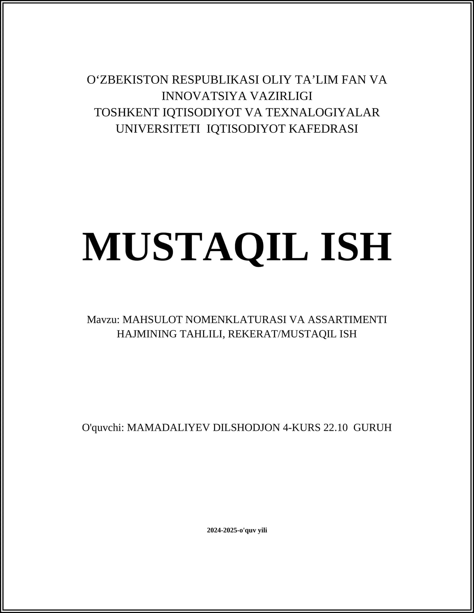 MAHSULOT NOMENKLATURASI VA ASSARTIMENTI HAJMINING TAHLILI 1