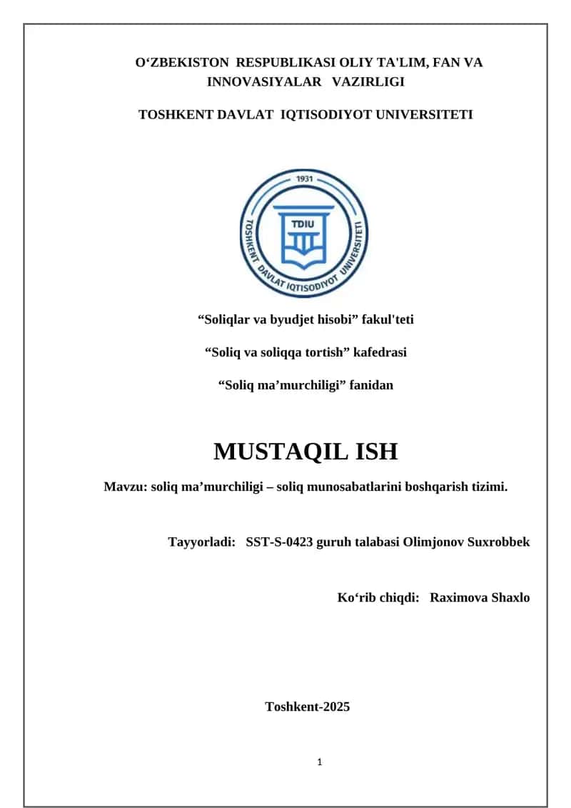 Soliq ma’murchiligi – soliq munosabatlarini boshqarish tizimi 1
