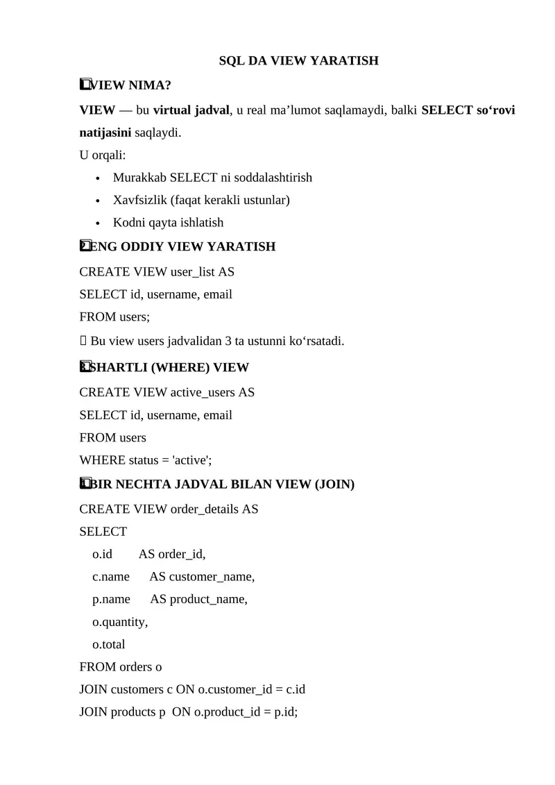 SQL DA VIEW YARATISH