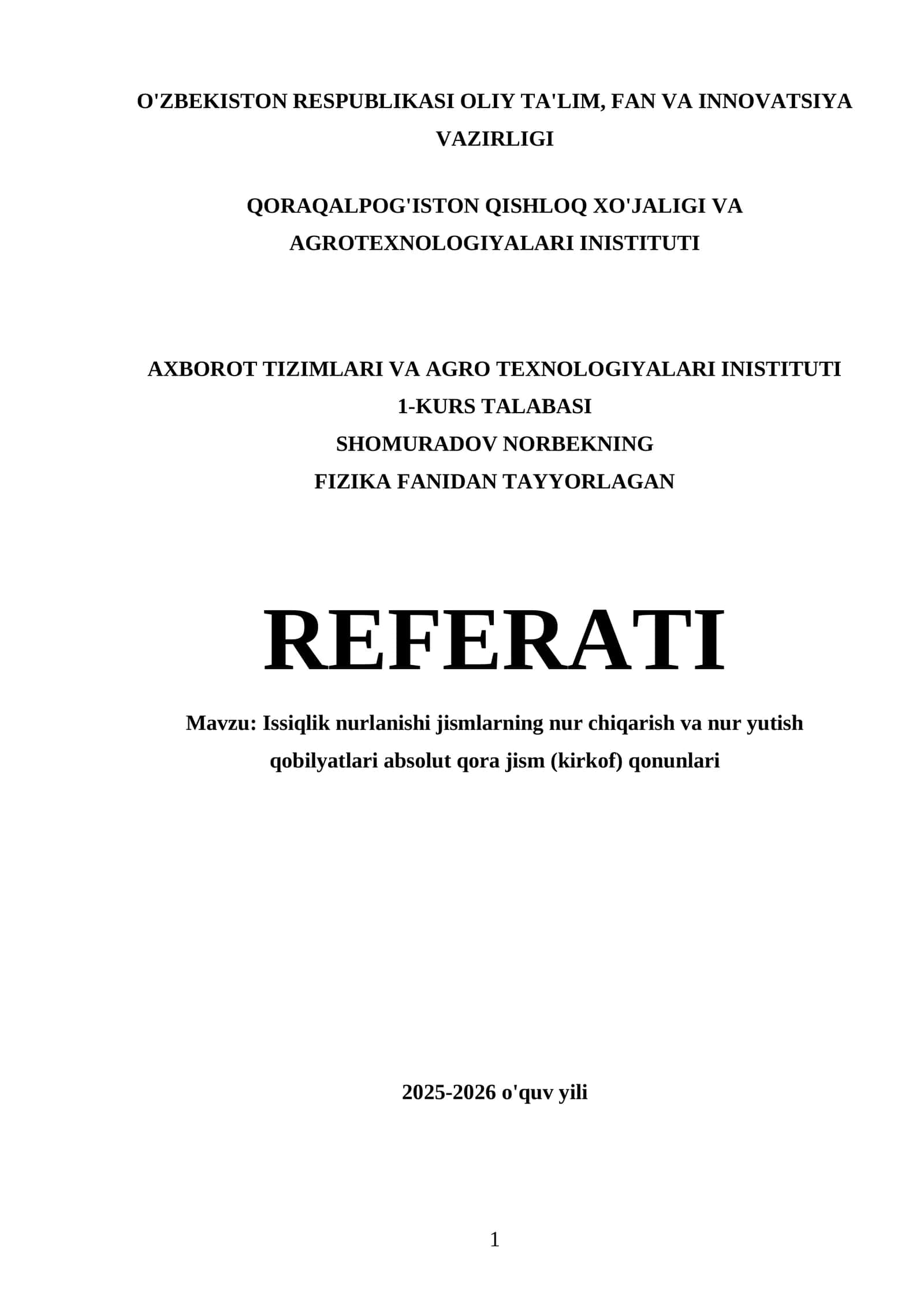1-KURS TALABASI FIZIKA FANIDAN TAYYORLAGAN REFERATI 1