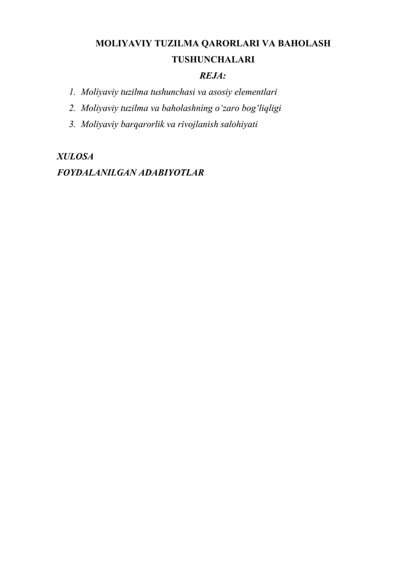 MOLIYAVIY TUZILMA QARORLARI VA BAHOLASH TUSHUNCHALARI 1